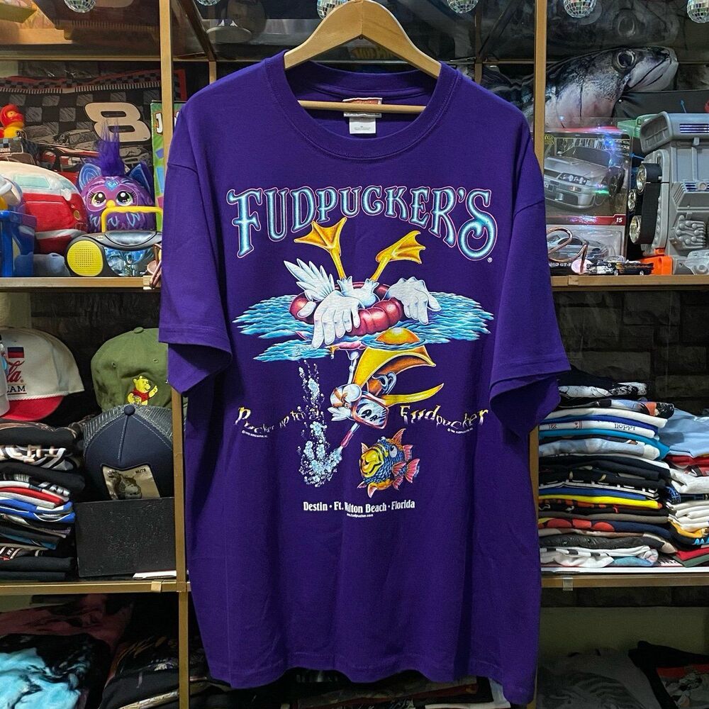 Vintage 90s Fudpuckers Florida Graphic TShirt Size XL Purple Mirror Print 1995